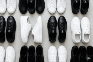 シンプルで高級感のある白と黒のスニーカー