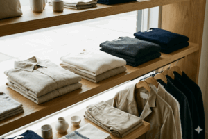 棚に陳列されたシンプルで上質な洋服
