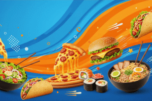 ハンバーガー　ピザ　ラーメン　寿司　サラダ　タコスのイラスト