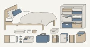 シンプルな家具や寝具、収納用品、ケース、文房具のイラスト