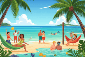 南国ビーチでバカンスを楽しむ人たちのイラスト