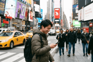 ニューヨークのタイムズスクエアでスマホを見ている日本人の若い男性