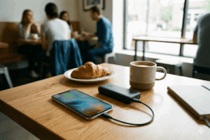 カフェのテーブルに置かれたモバイルバッテリーで充電しているスマートフォン