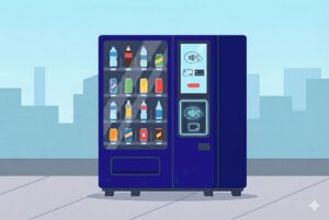 タッチ決済対応の紺色の自動販売機