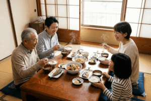 和食を食べる家族の食事シーン