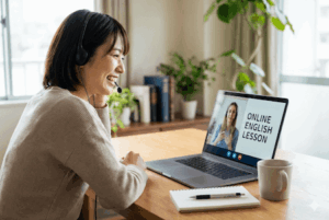 外国人講師とのオンライン英会話を楽しむ日本人女性