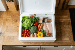 発泡スチロールの箱に入った野菜や肉