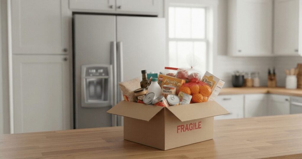 段ボールに入った食料品と日用品