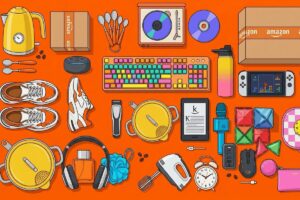 Amazonの段ボールとイヤフォンや時計、靴などの商品