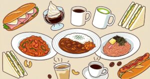 コーヒーやパスタ、サンドイッチなど食べ物と飲み物のイラスト