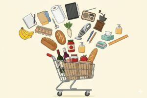 ショッピングカートからあふれ出す食料品や家電、文房具などの商品