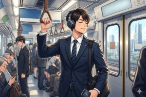 通勤電車の中でオーディオブックを聴くスーツを着た若い男性のイラスト