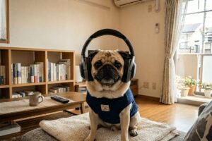 ソファに座っているヘッドフォンをつけたパグ